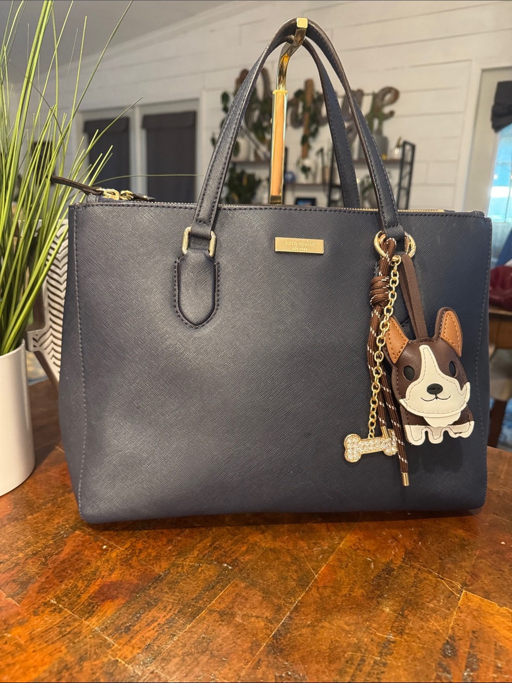 kate spade navy tote with brown and cream dog charm - Picture 14 of 15